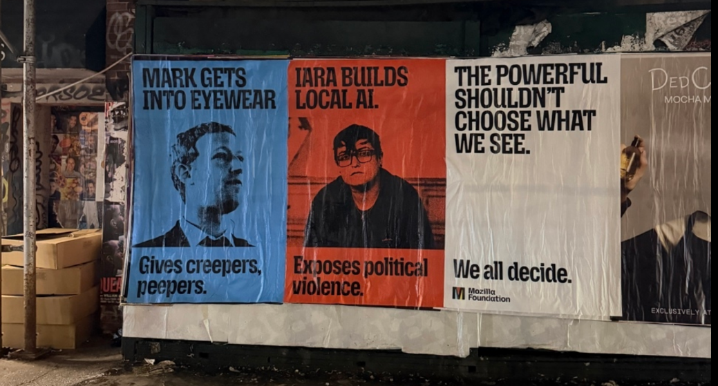 Pôster da campanha da Mozilla com Mark Zuckerberg e Iara